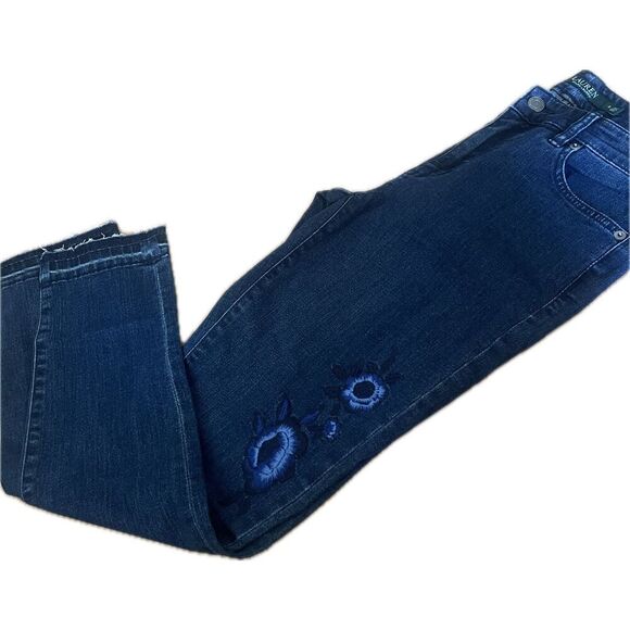 LRL RALPH LAUREN Blue Denim Floral Embroidered Premier Skinny Cropped Jeans NWT - Picture 2 of 8